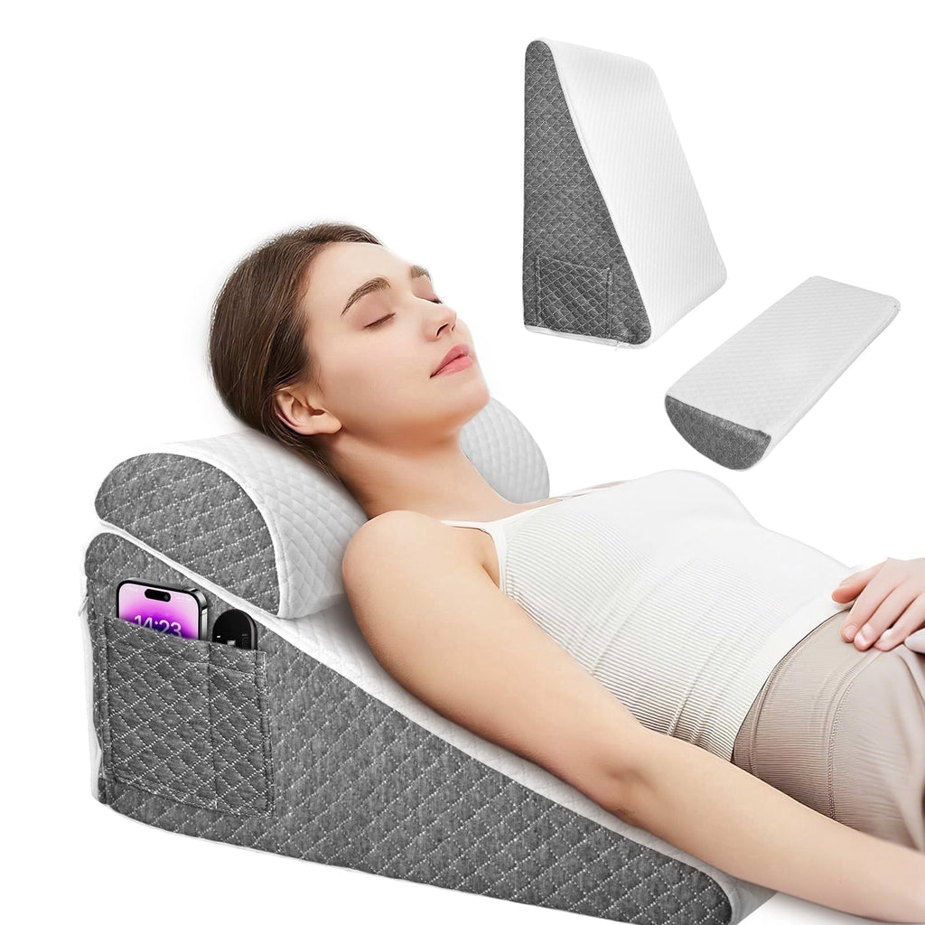 AMTPM Bed Wedge Pillow, Memory Foam Triangle Pillow for Sleep Apnea, Acid Reflux, Snoring, 12Inch Leg Elevation, Back Support for Sitting up in Bed, Incline Cushion for Sleeping, Reading