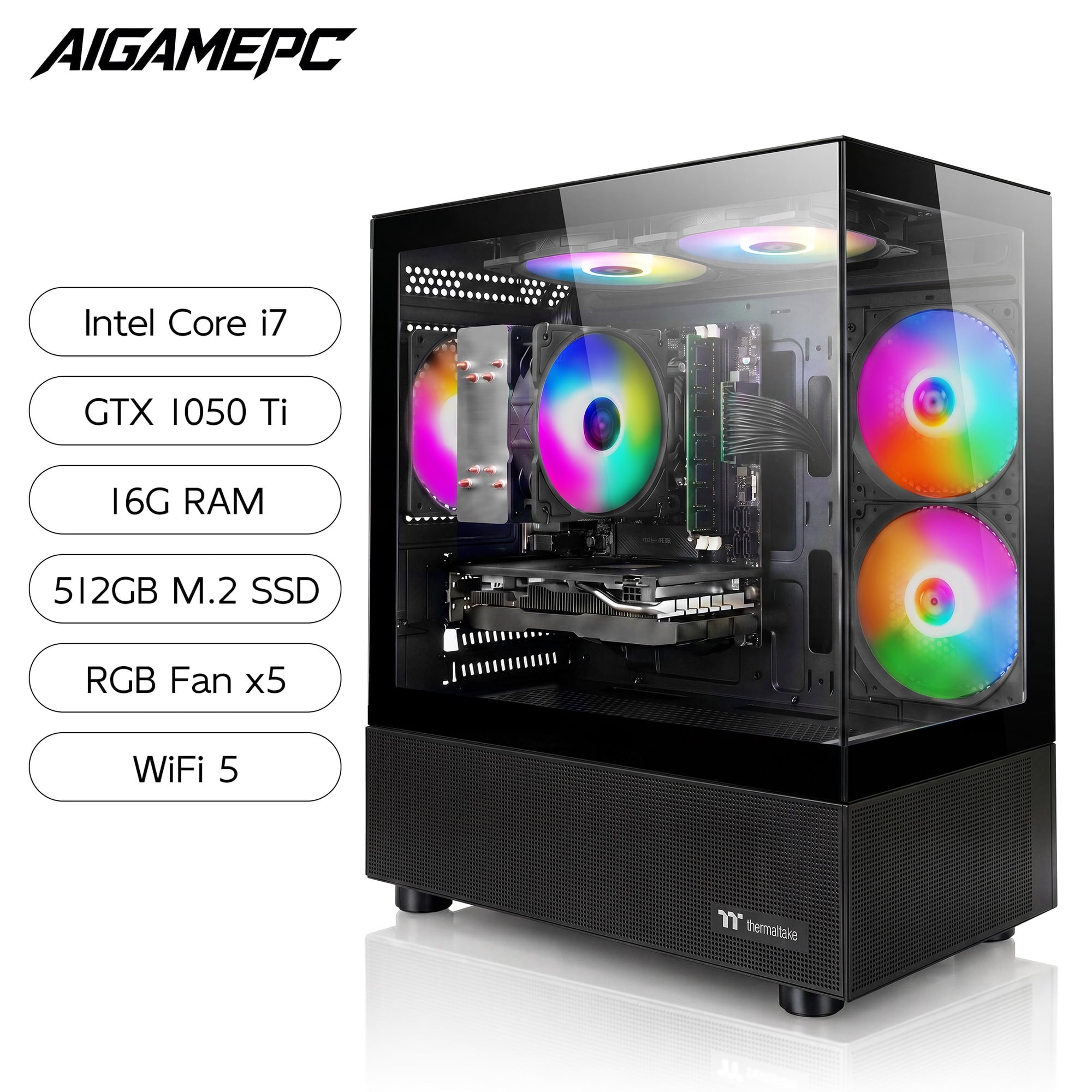 Budget Gaming PC Computers Desktop, Intel Core i7 up to 4.0GHz, GTX 1050 Ti 4GB, 16GB RAM, 512GB M.2 SSD, BX3 550W 80PLUS Bronze PSU, WiFi 5, RGB Fan x5, Windows 11 Home, prebuilt PC Gaming, Black